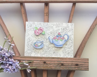 Tea In The Garden Illustration Hand Painted, Handmade, Cottage Chic, Cottagecore,Grandmillennial, Ornament