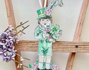 Happy St Patrick's Day Ornament Decoration, Lad holding Shamrocks and Roses,  vintage style, Victorian Style, Cottage Chic, 3D Handmade