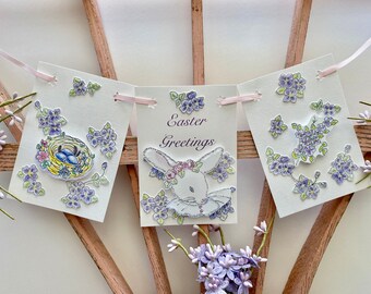 Easter Greetings Garland Bird Nest Bunny Flowers With Glass Glitter Handmade Original Art Cottage Chic Vintage Style Victorian
