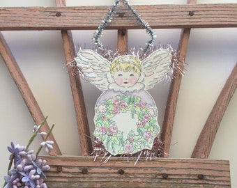 Snow Angel with Christmas Wreath Ornament Hand Painted with Tinsel and Glass Glitter, Custom skin and Hair color