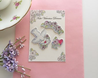 Three Magnets, Cabbage Roses Garland, Dove with Love Letter, Heart with Flowers, A Cottage Chic Style for your Home