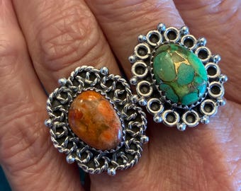 Southwestern Style Ring Silver Plated Adjustable, Choice of Turquoise or Spiny Oyster