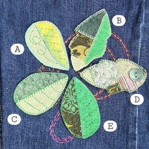 May include: A denim fabric adorned with five appliqued leaf shapes in various green and patterned fabrics. Each leaf is outlined with stitching, and a button is attached to one. The leaves are arranged around a central embroidered design.