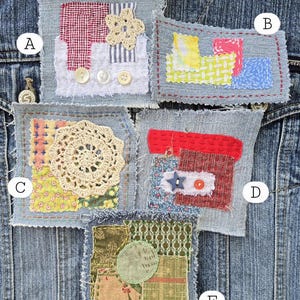May include: Close-up of five fabric patches with various textures and colors, including red gingham, blue stripes, and floral prints. Each patch is sewn onto a denim background, with decorative elements like buttons and crochet flowers.