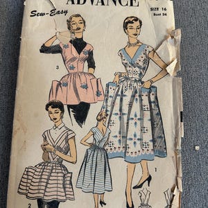 May include: Vintage Advance sewing pattern, size 16, featuring illustrations of dresses. The cover shows a woman in a pink dress with blue floral accents, and other dress designs. The pattern is labeled "Sew-Easy".