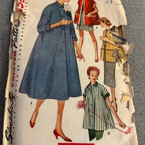 May include: Vintage Simplicity pattern featuring illustrations of women's clothing designs. The cover shows a blue coat, a red jacket, and a striped shirt. The text "SIMPLE TO MAKE" is visible.