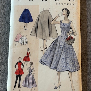 May include: Vintage Vogue Pattern 8686-60c. The cover features illustrations of various dress designs, including a floral print dress and a plaid dress. The text includes "VOGUE PATTERN" and sizing information. Copyright 1953, The Conde Nast Publications Inc.