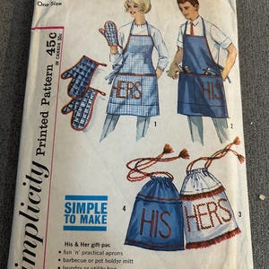 May include: Vintage Simplicity pattern 4651 featuring aprons and pot holder mitts. The package shows illustrations of aprons with "HIS" and "HERS" embroidered on them, along with matching pot holders. The aprons are blue and white checkered.