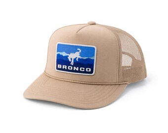 Bronco Trucker Hat Khaki – Blue Mountain Patch Snapback, Mesh Back Hat, Adjustable Cap, Retro Bronco Hat, Gift for Him