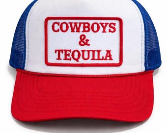 Czapka typu trucker z nadrukiem Tequila Cowboys | Czerwono-biało-niebieska czapka westernowa