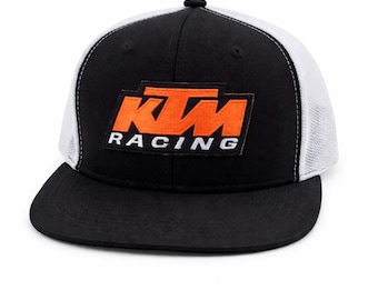 KTM Racing Trucker Hat – Black White Embroidered Logo Snapback Cap