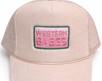 Western Babes Trucker Hat – Cute Cowgirl Hat, Beige Foam Mesh Snapback, Western Style Hat for Women
