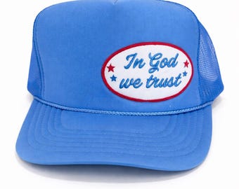 Czapka typu trucker In God We Trust – niebieska, patriotyczna, z nadrukiem Faith Snapback w stylu USA