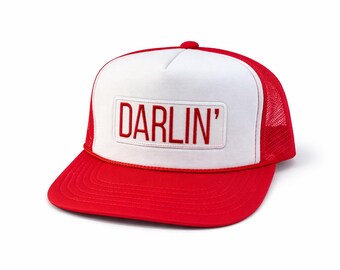 Darlin' Trucker Hat – Red White Retro Baseball Cap, Adjustable Snapback