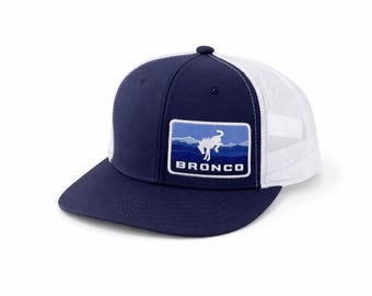 Bronco Snapback Hat Navy White – Mesh Back Trucker Cap, Blue Mountain Patch, Flat Bill Hat, Adjustable Snapback, Gift for Him