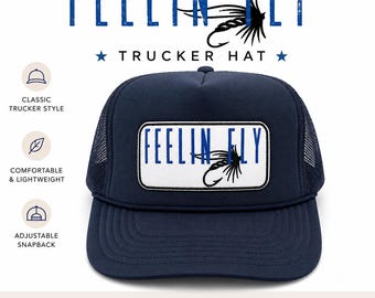 Czapka z daszkiem Feelin’ Fly Trucker | Czapka z daszkiem wędkarskim ... Granatowa czapka z daszkiem z siateczki | Prezent wędkarski na świeżym powietrzu | Czapka unisex