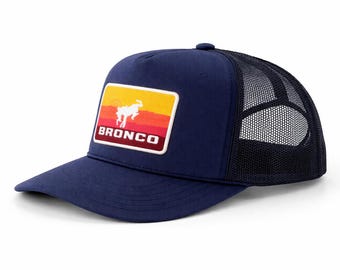 Bronco Trucker Hat – Retro Sunset Patch Snapback, Mesh Back Hat, Adjustable Cap, Mountain Bronco Style Hat, Gift for Him