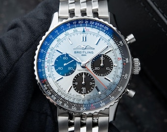 Vintage Breitling Navitimer B01 Chronograph 43 Ice Blue Dial Steel Bracelet, men's watch, gift for him