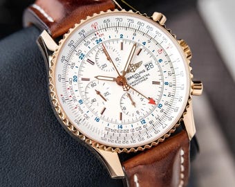 Vintage Breitling Navitimer World GMT Chronograph Silver Dial 46mm Rose Gold, men's watch, gift for him
