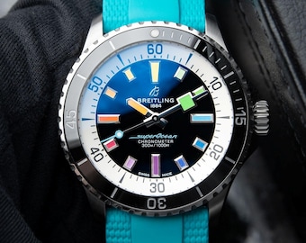 Reloj Breitling Superocean 42 300 M vintage, esfera negra arcoíris, acero turquesa, reloj de hombre, regalo para él.