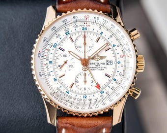 Reloj Breitling Navitimer World GMT Cronógrafo Vintage con esfera plateada, 46 mm, oro rosa, regalo para él, reloj de hombre