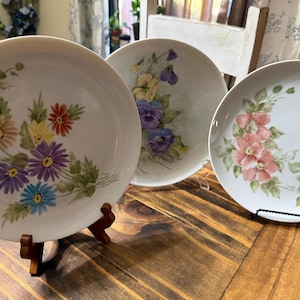 Puede incluir: Tres platos de cerámica blanca con diseños florales pintados a mano. Uno presenta margaritas coloridas, otro pensamientos y el tercero flores rosas. Los platos se exhiben sobre una mesa de madera.
