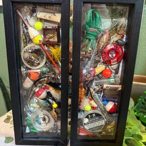 Vintage Fishing Tackle Shadow Box Set | Repurposed Frame Art