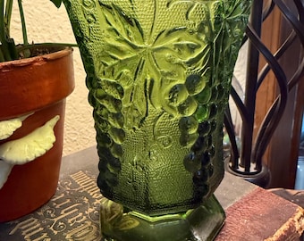 Vintage Green Pressed Glass Vase – Indiana Glass Harvest Grape Pattern