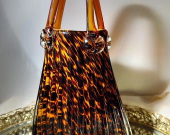 Hand Blown Art Glass Purse Vase: Tortoiseshell Amber Black, Mid Century Modern Decor