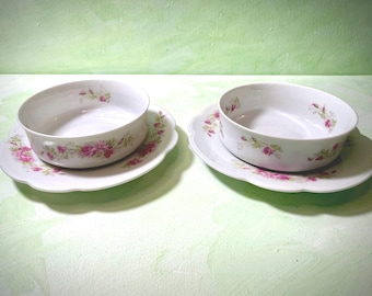 Antique MZ Austria Pink Rose Porcelain Bowls & Plates Set of 4 | Moritz Zdekauer 1884-1909 | Victorian Floral China