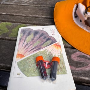 Op de afbeelding: Een open boek met botanische illustraties, twee kleine flesjes met oranje doppen en een oranje zonnehoed. De flesjes bevatten donkere vloeistoffen. De hoed heeft een witte binnenkant met een cartoonontwerp.