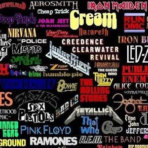 May include: A collage of rock band logos on a black background. Logos include The Beatles, Led Zeppelin, The Rolling Stones, and many more, in various colors and fonts. A vibrant and nostalgic design.