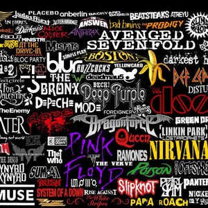 May include: A black background is filled with the logos of numerous rock bands, including AC/DC, Nirvana, and Pink Floyd. The logos are in various colors and fonts, creating a collage-like effect. The image is a tribute to rock music.
