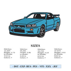 Peut inclure: Un design de voiture de sport bleu clair avec des roues noires et un aileron arrière. L'image comprend des détails de taille : hauteur de 4,4 à 10 cm, largeur de 8,9 à 20,4 cm, et 7 couleurs. Le texte en bas indique : - DST - EXP- HUS - PES - VP3 - XXX - JEF.