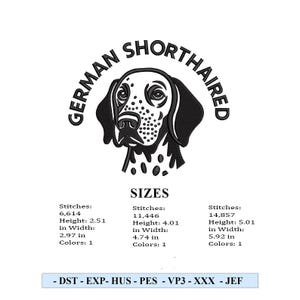 Puede incluir: Ilustración en blanco y negro de un perro Braco Alemán con el texto "GERMAN SHORTHAIRED" sobre la cabeza del perro. Debajo, opciones de tamaño con medidas en pulgadas y el texto "SIZES".