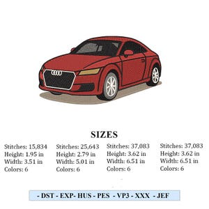 May include: A red embroidered car with black accents, featuring the Audi logo on the front. The car is shown in a side view. The image also includes size details: height 1.95 to 3.62 inches, width 3.51 to 6.51 inches.