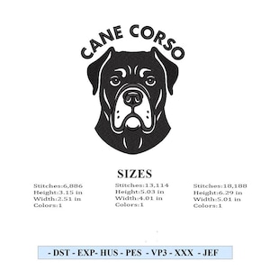 May include: A black and white Cane Corso dog head design. The image includes the text "CANE CORSO" above the dog's head. Below the image are size options with stitch counts, heights, widths, and colour information.