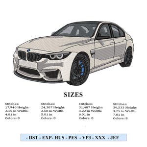 May include: An embroidered design of a white car with black accents and blue brake calipers. The image includes size details, such as height and width in inches, and the number of stitches and colors used. The design is suitable for embroidery projects.