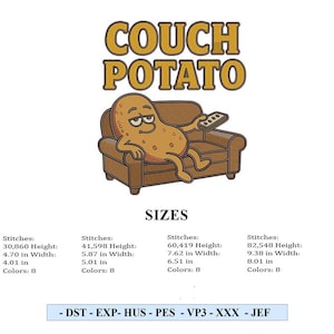 Puede incluir: Ilustración de dibujos animados con un personaje de patata descansando en un sofá marrón, sosteniendo un mando a distancia. El texto "COUCH POTATO" está arriba. La imagen incluye detalles de tamaño con medidas en cm.