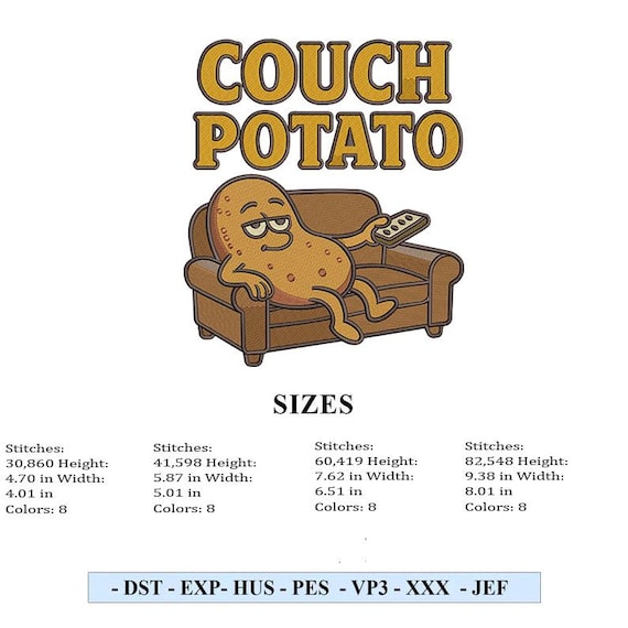 Couch Potato Embroidery Machine File – Full Color & Single Color
