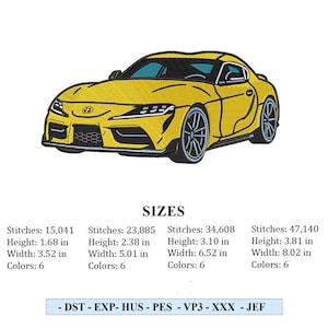 Könnte beinhalten: Gelbes Sportwagen-Stickdesign mit schwarzen und grauen Akzenten. Das Design umfasst Details des Autos, wie Räder und Fenster. Größeninformationen: Höhe: 4,27 cm bis 9,68 cm, Breite: 8,94 cm bis 20,37 cm.