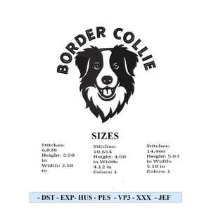 Könnte beinhalten: Schwarz-weißes Border Collie-Kopfdesign mit dem Text "BORDER COLLIE" darüber. Das Bild enthält Größenangaben: Höhen von 6,35, 10,16 und 12,78 cm. Breiten sind 6,55, 10,46 und 13,16 cm.