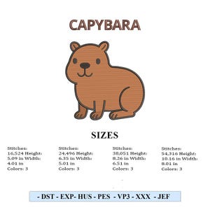May include: A brown cartoon capybara illustration with the word "CAPYBARA" above it. The image includes size details, such as height and width in inches, and the number of colours used. The image also lists the file types.