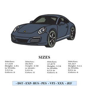 May include: A navy blue sports car illustration. The image includes the word "SIZES" and stitch details: height from 1.81 to 4.11 inches, width from 3.52 to 8.01 inches, and 6 colors. The bottom of the image has file type information.