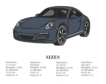 May include: A navy blue sports car illustration. The image includes the word "SIZES" and stitch details: height from 4.6 to 10.4 cm, width from 8.9 to 20.3 cm, and 6 colours. The bottom of the image has file type information.