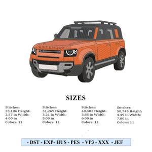 Puede incluir: Un diseño de SUV Defender naranja con detalles en negro, baca y la palabra "DEFENDER" en la parte delantera. La imagen incluye detalles de tamaño: 6,53 a 17,78 cm de altura y 10,16 a 11,40 cm de ancho. El diseño tiene 11 colores.