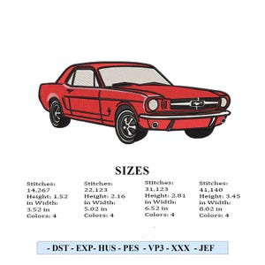 May include: A red classic car illustration. The car has a sleek design with a detailed front grille and headlights. The image includes size information: height from 1.52 to 3.45 inches, width from 3.52 to 8.02 inches, and 4 colors. The image also includes the text: - DST - EXP- HUS - PES - VP3 - XXX - JEF.