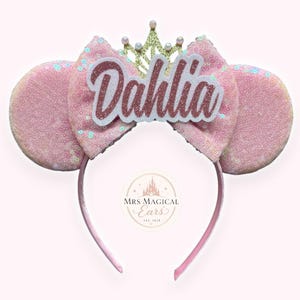 Personalised Pink Minnie Mouse Style Ears Headband, Custom Name Disney Inspired Mickey Mouse Ears, Baby Pink Sequin Disney Trip Accessories