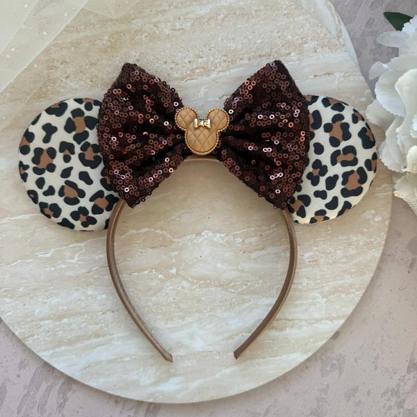 Leopard Print Mouse Ears with Brown Sequin Bow, Personalised Theme Park Headband