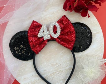 Black Sequin Minnie Ears | Red Bow Birthday Headband | Custom Age Mickey Ears for Adults & Teens | Disney-Inspired Party Accessory 10, 30,40